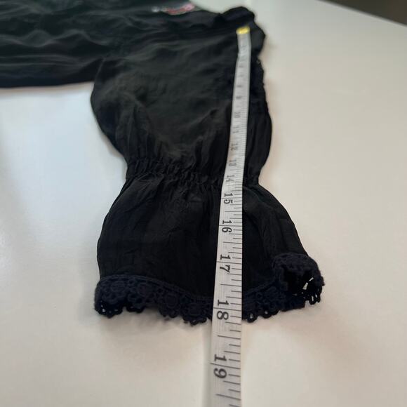 JohnnyWas Women's Sheer Blouse Black Lace Ruffle Neckline Button Down Size Small - Picture 15 of 16